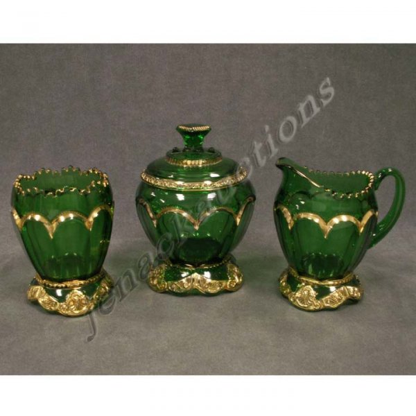 DELAWARE GREEN PATTERN GLASS SUGAR, CREAMER & BOW