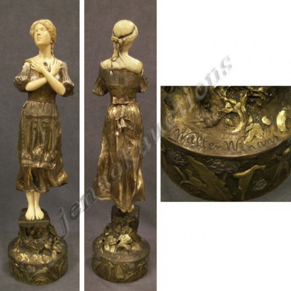 PARCEL GILT BRONZE & IVORY FIGURE OF A MAIDEN