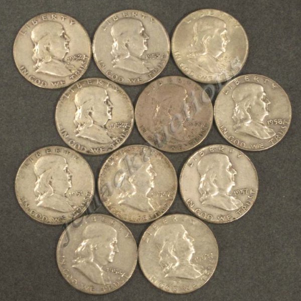 LOT (11) COMMON FRANKLIN SILVER HALF DOLLAR COINS