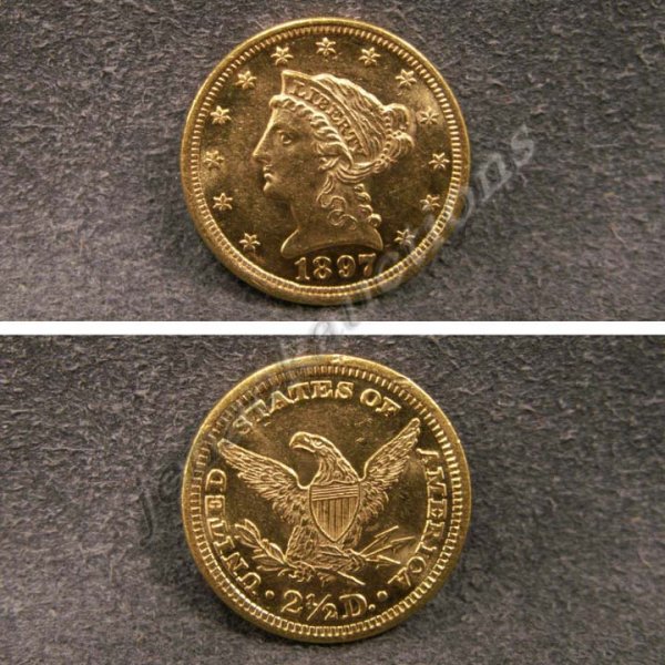 1897 CORONET HEAD $2.50 GOLD COIN (AU-58)
