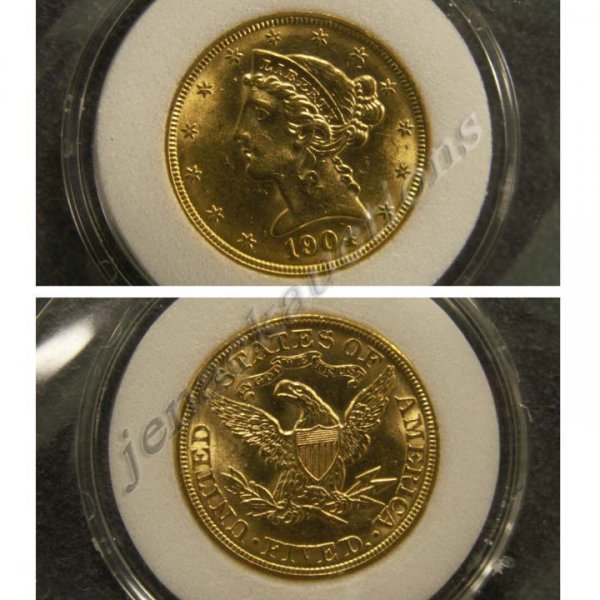 1904 CORONET HEAD $5.00 GOLD COIN (ENI MS-60)