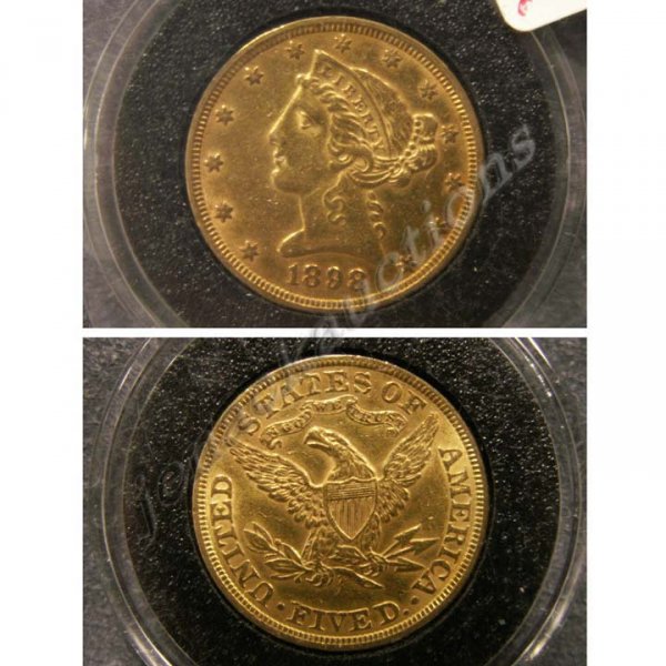 1898 CORONET HEAD $5.00 GOLD COIN (AU-53)