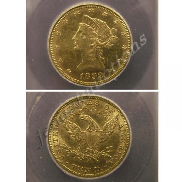 1892 LIBERTY HEAD $10.00 GOLD COIN (IGG MS-61)