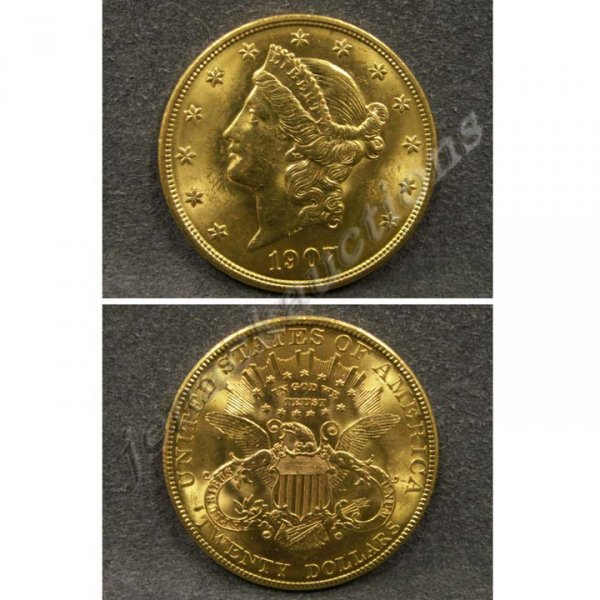 1907 CORONET HEAD TWENTY DOLLAR GOLD COIN (MS-60)