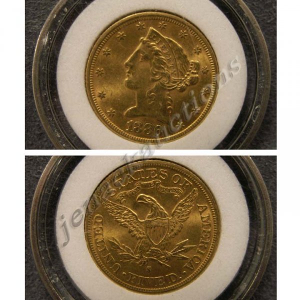 1886-S CORONET HEAD $5.00 GOLD COIN (AU-58)