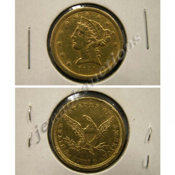 1840 CORONET HEAD $5.00 GOLD COIN (XF-40)