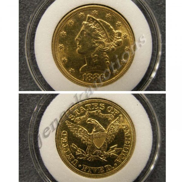 1886 CORONET HEAD $5.00 GOLD COIN (AU-55)