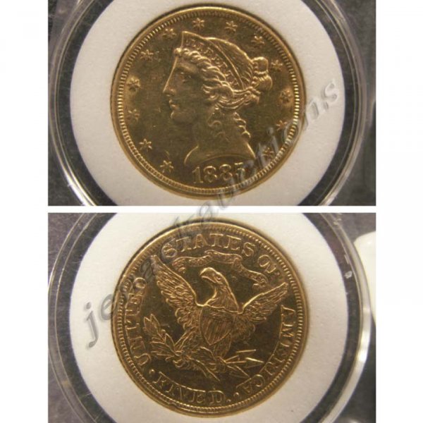 1885 CORONET HEAD $5.00 GOLD COIN (AU-53)