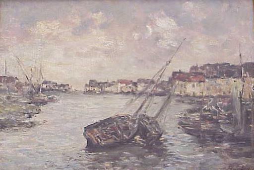 OIL ON CANVAS, HARBOR SCENE, BOUDIN: OIL ON CANVAS, HARBOR SCENE, ATTRIBUTED TO EUGENE BOUDIN (FRENCH 1824-1898)8 5/8 X 12 1/4" PROVENANCE: CHESTER DALE NY, HIS GIFT TO MISS LOUISE MAROCK, BY DESCENT TO PRESENT OWNER