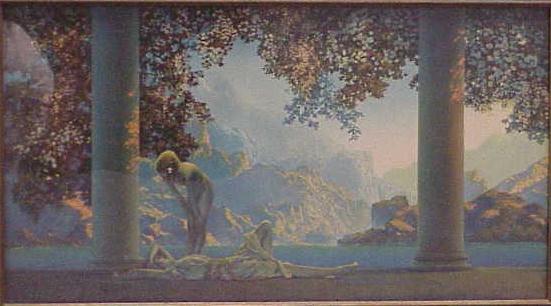 MAXFIELD PARRISH PRINT, "DAYBREAK": MAXFIELD PARRISH PRINT, "DAYBREAK", SIGNED10 X 18" WITH ORIGINAL FRAME