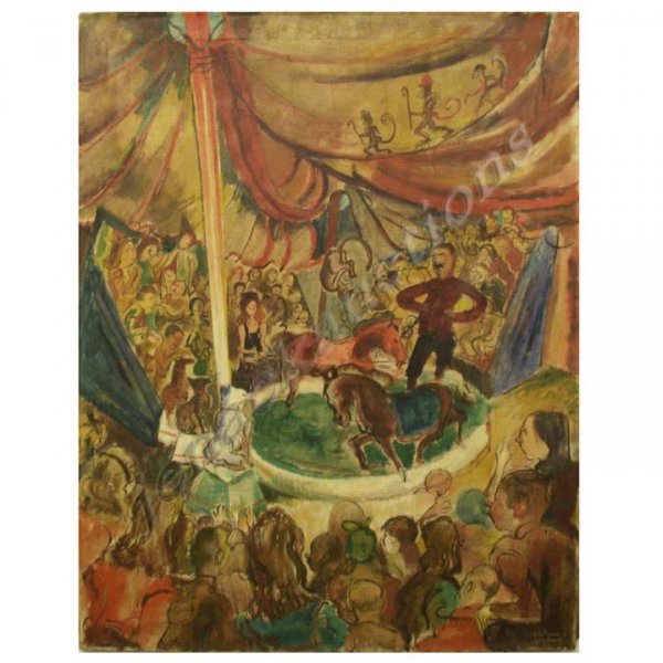 PAINTING, THE GREATEST SHOW ON EARTH, GOODMAN: OIL ON CANVAS, THE GREATEST SHOW ON EARTH, SIGNED BERTRAM GOODMAN '45 (AMERICAN/NEW YORK 1904-1988). 34 X 27"