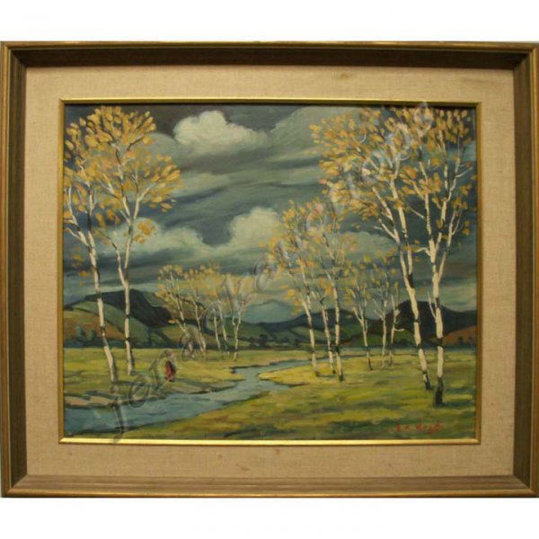 PAINTING, LANDSCAPE WITH BIRCHES, KEZDI: OIL ON CANVAS, LANDSCAPE WITH BIRCHES, SIGNED E.K. KEZDI (ELMER KOVACS, HUNGARY 1898-). 20 X 24"; FRAMED 26 1/2 X 30 1/2"