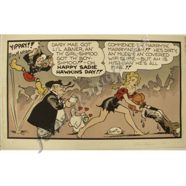 LITHOGRAPH ON PAPER, AL CAPP: LITHOGRAPH ON PAPER, "HAPPY SADIE HAWKINS DAY", SIGNED AL CAPP '74 (AMERICAN 1909-1979) #110/250 STAMPED VERSO ALFRED G. CAPP 1975. SHEET 24 X 39" (EDGE WRINKLES AND ROUGHNESS) **NO IN-HOUSE SHIPPING*