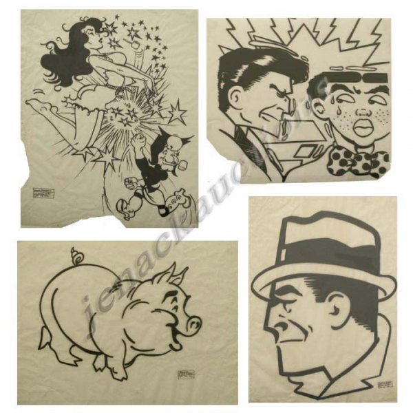 LOT (4) ORIGINAL AL CAPP/CHESTER GOULD: LOT (4) ORIGINAL ATTRIBUTED AL CAPP AND CHESTER GOULD PEN AND INK ILLUSTRATIONS ON VELLUM PAPER AND VINYL INCLUDING DICK TRACY AND LITTLE ABNER. APPROXIMATELY 25 X 20" (WRINKLES AND EDGE TEARS)