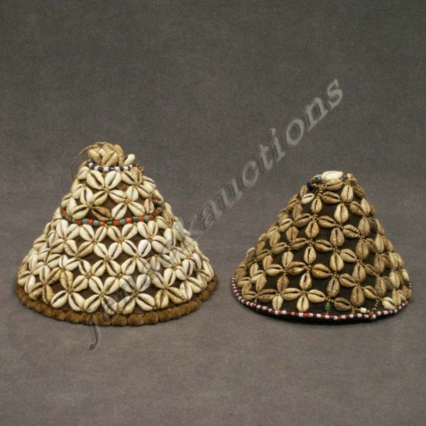 LOT (2) MALI/CAMEROON COWRY SHELL MOUNTED HATS