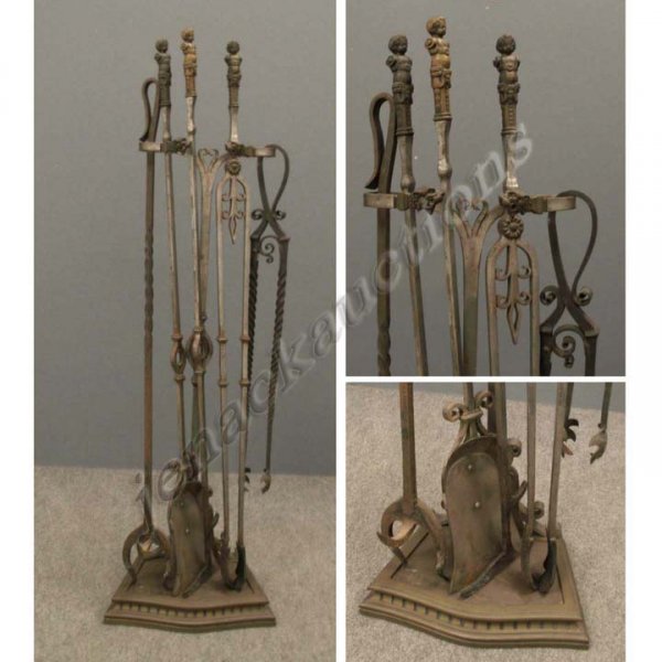 WROUGHT IRON/BRASS FIREPLACE TOOL SET