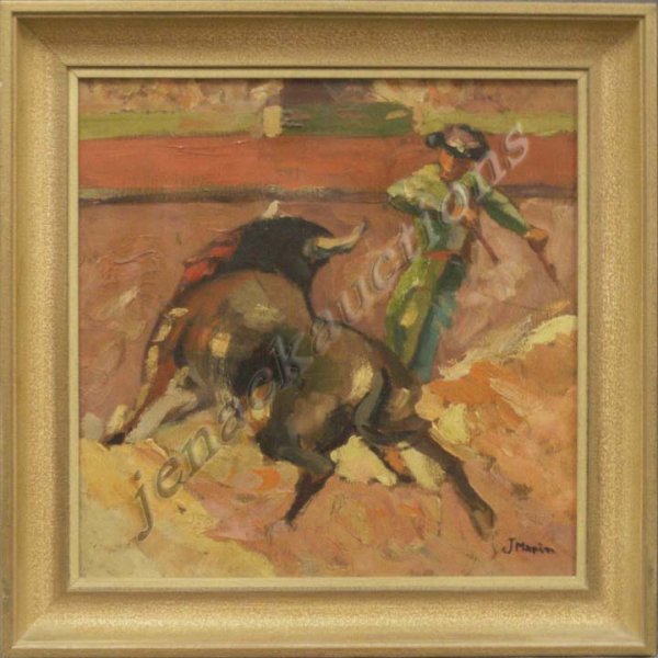 PAINTING, BULL FIGHT, SIGNED J. MARIN