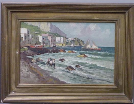 OIL ON CANVAS, EMANUELE COSTA: OIL ON CANVAS, FISHERMEN - BEACH AT CAPRI SIGNED E. COSTA (EMANUELE, ITALIAN 1875-). 11 1/2 X 17" (RELINED) (KEYWORD: PAINTINGS/ARTWORK)