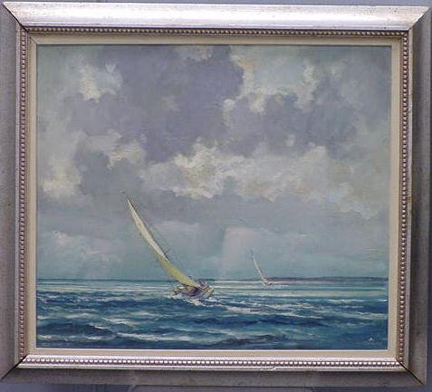 OIL ARTIST BOARD, ERIC SLOANE: OIL ARTIST BOARD "CLEARING SKY - PECONIC BAY" SIGNED/TITLED SLOANE (ERIC, AMERICAN 1910-1985). 13 X 15" (KEYWORD: PAINTINGS/ARTWORK)