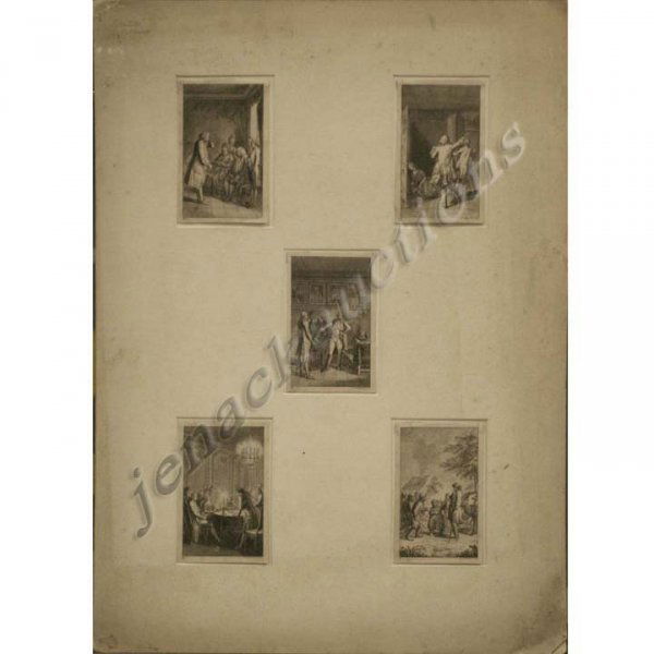 (5) ENGRAVINGS FOR VOLTAIRES "CANDIDE", CHADOWIECK: LOT (5) ENGRAVINGS FOR VOLTAIRES "CANDIDE", SIGNED D. CHADOWIECKI (DANIEL NICHOLAUS, GERMAN/POLISH 1726-1801). EACH 4 1/2 X 2 3/4"; SHEETS 4 7/8 X 2 7/8"