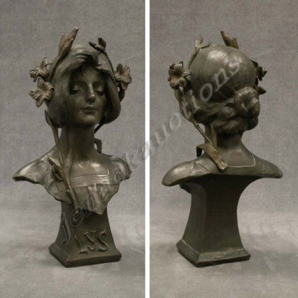 ART NOUVEAU BRONZE, "LYS", SIGNED J. CAUSSE': ART NOUVEAU BRONZE, "LYS", SIGNED J. CAUSSE' (JULIEN CADET, FRENCH -1914). HEIGHT 15 1/2"
