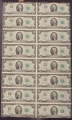UNCUT SHEET (16) SERIES 1976 $2 NOTES