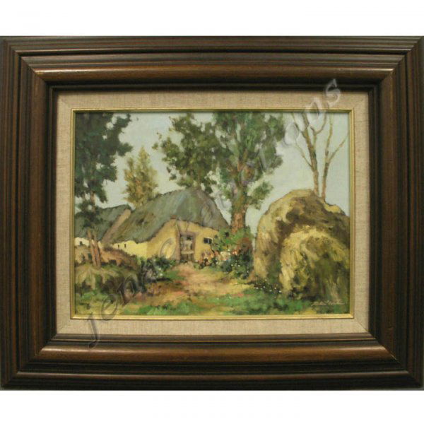 PAINTING, EIFEL FARM HOUSE, ROBERT WILSON: OIL ON BOARD, EIFEL FARM HOUSE, SIGNED ROBERT WILSON 1990 (GERMAN 20TH CENTURY). 12 X 16"; FRAMED 20 1/2 X 24"
