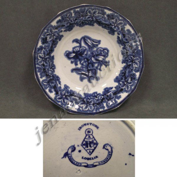 FLOW BLUE IRONSTONE SOUP BOWL, "LOBELIA" PATTERN: FLOW BLUE IRONSTONE SOUP BOWL, "LOBELIA" PATTERN, G. PHILLIPS LONGPORT 1845. DIAMETER 10 1/2"