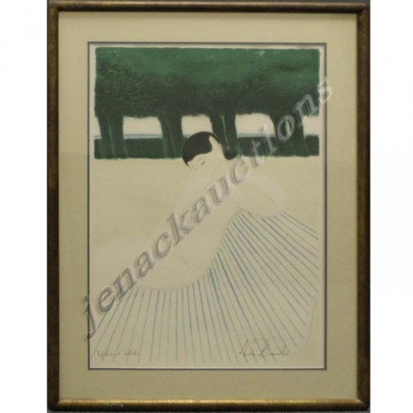 LITHOGRAPH WITH COLORS, ANDRE BRASILIER: LITHOGRAPH WITH COLORS, FIGURE IN THE PARK, SIGNED ANDRE BRASILIER (FRENCH 1929-), ARTIST PROOF, C.1977. PLATE 28 X 19 1/2"; FRAMED & GLAZED 37 X 28"