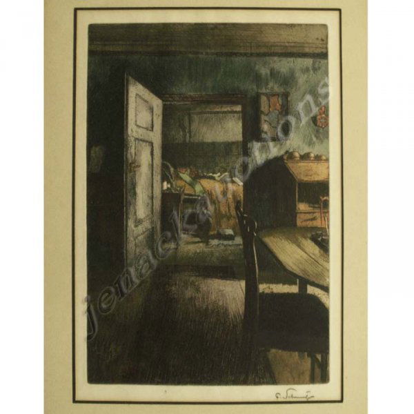 HAND COLORED ETCHING, FERDINAND SCHMUTZER: HAND COLORED ETCHING, "GOETHES ARBEITS UND SCHLAFZIMMER", SIGNED IN MARGIN SCHMUTZER (FERDINAND, AUSTRIAN 1833-1915). PLATE 10 1/2 X 7 3/4"; FRAMED & GLAZED 17 X 13"; GALLERY LABEL VERSO: F. DENKS ART