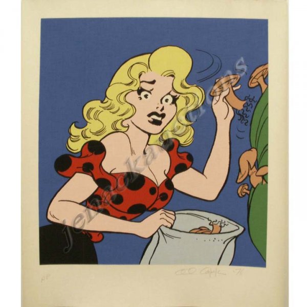 SERIGRAPH, AL CAPP, DAISY MAE: SERIGRAPH WITH LINEN BACKED BY PAPER, DAISY MAE PICKING MUSHROOMS, SIGNED AL CAPP '76 (AMERICAN 1909-1979) A/P STAMPED VERSO ALFRED G. CAPP '76. SHEET 28 X 24"