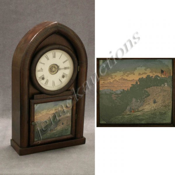 VINTAGE WATERBURY GOTHIC ARCH MAHOGANY SHELF CLOCK