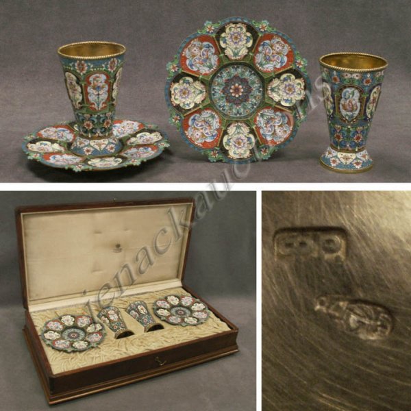 RUSSIAN SILVER/ENAMEL DECORATED CUP/PLATE SET