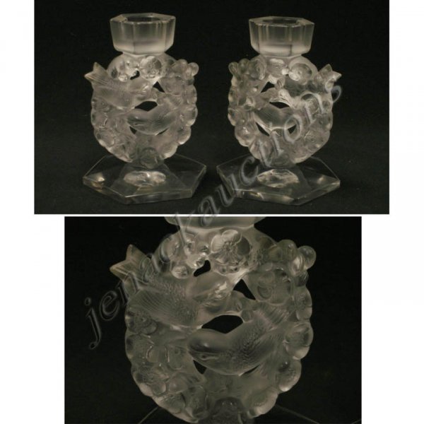 PAIR LALIQUE FIGURAL CANDLESTICKS, SIGNED LALIQUE