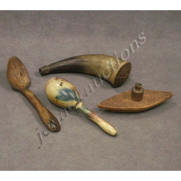 LOT (4) INCLUDING FOLK ART SHIP MODELS: LOT (4) INCLUDING FOLK ART SHIP MODEL, "MONITOR-IRONCLAD", LENGTH 5 3/4"; CARVED HORN CHILD'S SPOON, "AMY 1827", LENGTH 7 1/4"; PAINT DECORATED DARNING EGG; CARVED POWDER HORN, SIGNED, LENGTH 7"