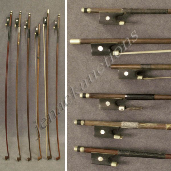 LOT (6) ASSORTED VIOLIN BOWS, 2/STAMPED & BRANDED: LOT (6) ASSORTED VIOLIN BOWS, 2/STAMPED & BRANDED BAUSCH, IN VARIOUS CONDITIONS