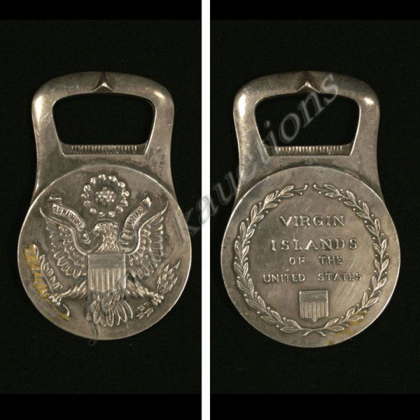 CHRISTOFLE SILVER PLATE BOTTLE OPENER: CHRISTOFLE SILVER PLATE UNITED STATES VIRGIN ISLANDS BOTTLE OPENER. LENGTH 3 1/8"