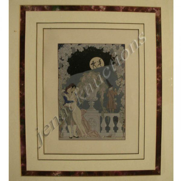 GEORGES BARBIER (FRENCH 1882-1932), POCHOIR: GEORGES BARBIER (FRENCH 1882-1932), POCHOIR, AMOROUS COUPLE, SIGNED 1923. 8 1/4 X 5 5/8"; FRAMED AND GLAZED 20 X 17 1/2"