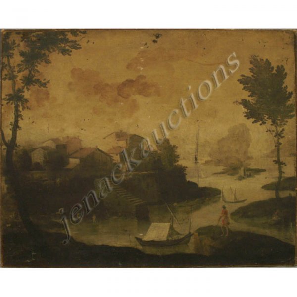 ITALIAN SCHOOL 17TH CENTURY, OIL ON CANVAS: ITALIAN SCHOOL 17TH CENTURY, OIL ON CANVAS, CONTINENTAL LANDSCAPE WITH FIGURES, BOATS, AND VILLAGE. 28 X 34" (RELINED)