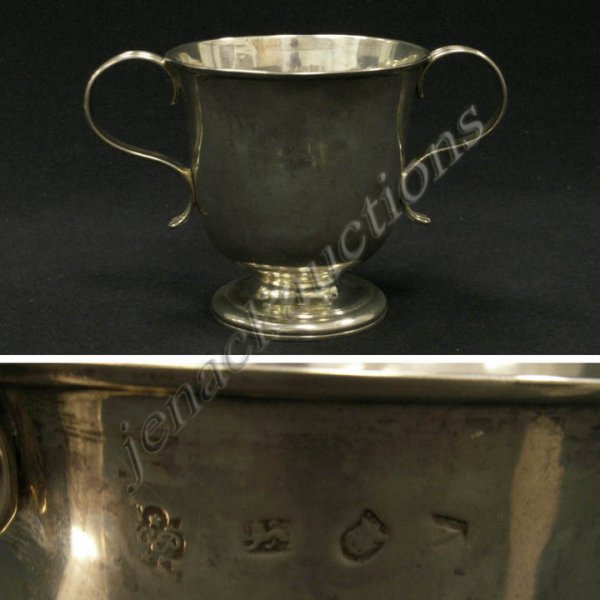 LONDON STERLING DOUBLE HANDLE CUP, 1728-9: LONDON STERLING DOUBLE HANDLE CUP, 1728-9, MONOGRAMMED "1728 DTH", MAKER: HUMPHREY PAYNE. HEIGHT 4 3/8"; 8.09 OZT