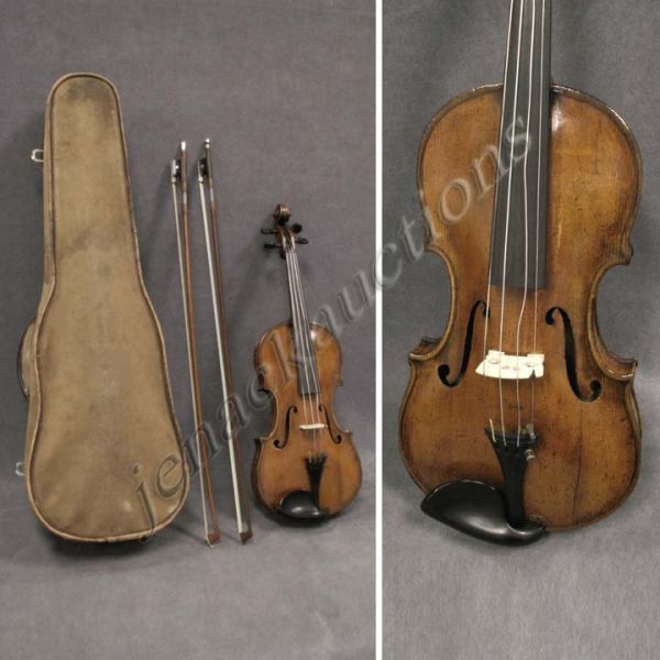 VINTAGE GERMAN VIOLIN, JOSEPHUS GUARNERIUS FECIT: VINTAGE FULL-SIZE GERMAN VIOLIN WITH TWO-PIECE TIGER MAPLE BACK, LABELED JOSEPHUS GUARNERIUS FECIT, CREMONA, WITH (2) BOWS (1/SIGNED TOURTE) AND CASE.