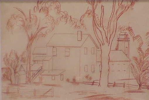 CONTE CRAYON, KONRAD CRAMER: RED CONTE CRAYON/PAPER, HOUSES, KONRAD CRAMER (WOODSTOCK, N.Y. 1888-1965), C.1929. SIGHT 9 3/4 X 14" PROV. ESTATE OF THE ARTIST