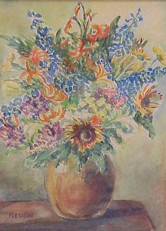 W/C, MANNER OF ODILON REDON: WATERCOLOR - ARRANEMENT OF FLOWERS IN VASE. MANNER OF ODILON REDON. SIGHT 12 1/2 X 9" (INFORMATION VERSO)