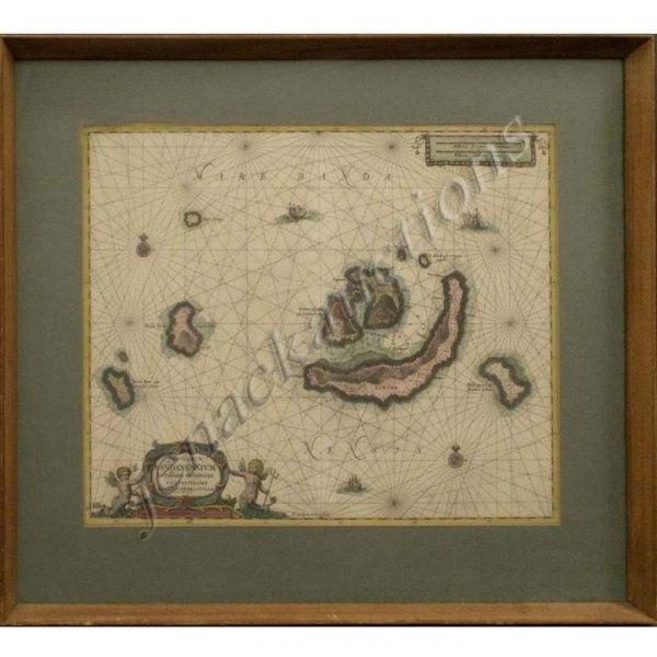 DUTCH HAND COLORED MAP, BANDANENSIUM, P. SCHENK: DUTCH HAND COLORED MAP, BANDANENSIUM, SIGNED P. SCHENK ET G. VALK, 17/18TH CENTURY. 17 1/4 X 20 1/4"; FRAMED & GLAZED 25 X 28"