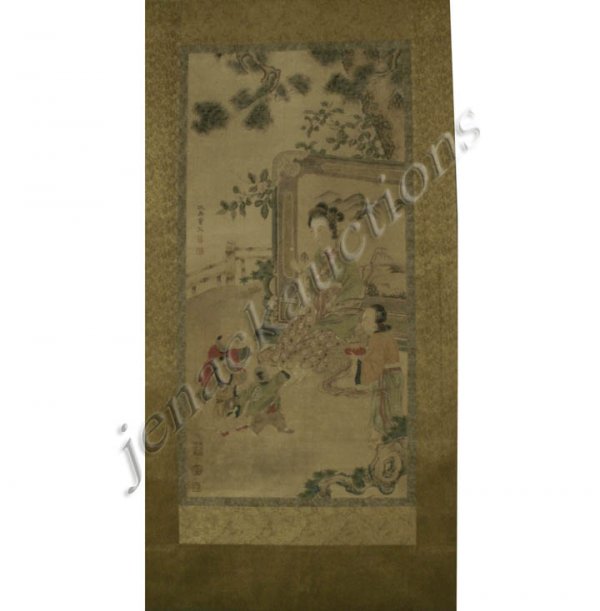 CHINESE WATERCOLOR ON PAPER SCROLL PAINTING: CHINESE WATERCOLOR ON PAPER SCROLL PAINTING, CHILDREN WITH ATTENDANTS, MANNER OF QUI YING, LATE CHING. 35 X 16 1/2"