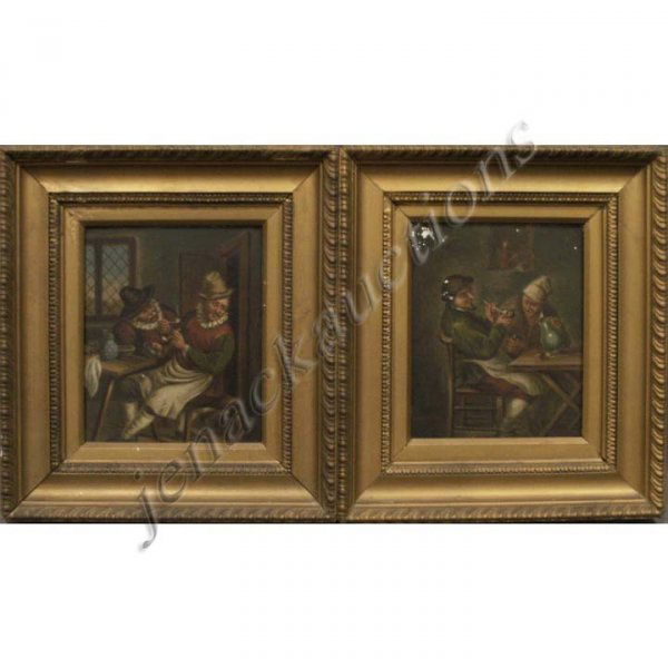 LOT (2) CONTINENTAL SCHOOL OIL PAINTINGS ON METAL: LOT (2) CONTINENTAL SCHOOL (19TH CENTURY), OIL ON METAL PANEL, FIGURES IN TAVERN. 8 X 6 1/2"; FRAMED 13 X 11 1/2" (PAINT FLAKING ON ONE)