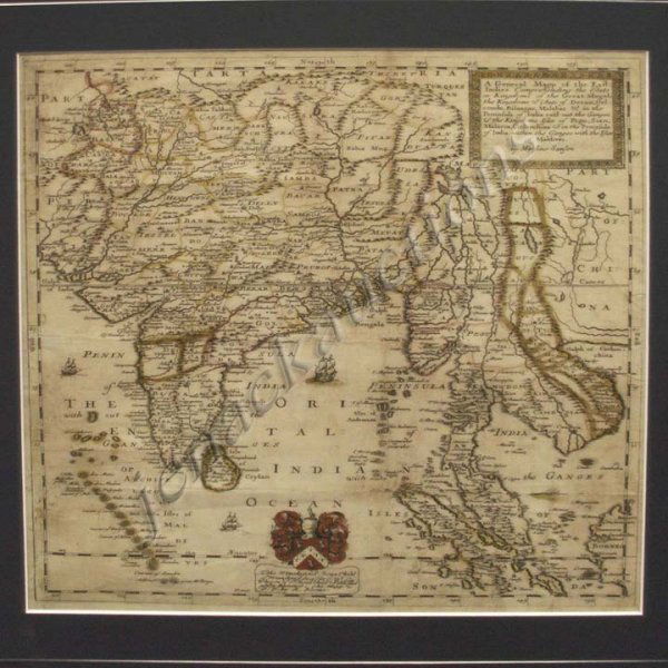 HAND COLORED ENGRAVED MAP, INDIA, MONFIEUER SANFON: HAND COLORED ENGRAVED MAP, "INDIA" MONFIEUER SANFON 17TH CENTURY. SHEET 15 1/2 X 13 5/8"