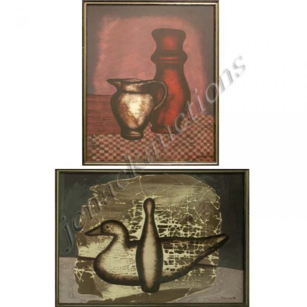 (2) FARNESE DE ANDRADE MIXED MEDIUM PAINTINGS: FARNESE DE ANDRADE (BRAZILIAN 1926-), LOT (2) MIXED MEDIUM ON CARD STOCK, DUCK PIN AND ARRANGEMENT ON CHECKERED CLOTH, SIGNE AND TILTED 1986. 19 1/2 X 27 1/2" AND 27 1/2 X 18 1/2"; FRAMED 20 1/2 X 28 