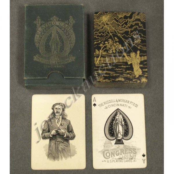 DECK VINTAGE PLAYING CARDS-CONGRESS #606: DECK VINTAGE PLAYING CARDS-CONGRESS #606, RUSSELL & MORGAN CO. (52+J), C.1881 (BURNISHED GOLD BACKS) WITH BOX