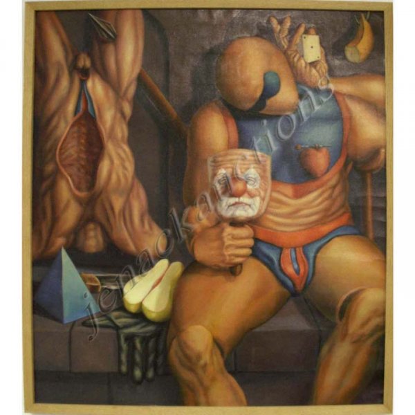 ALFONSO M.F. OLIVEIRA OIL PAINTING, SIGNED 1982: ALFONSO M.F. OLIVEIRA (BRAZILIAN 20TH CENTURY), OIL ON CANVAS, "ESPECULACOES EM TORNO DA PALAVRA HOMEM", SIGNED 1982. 35 X 31"; FRAMED 36 X 32"